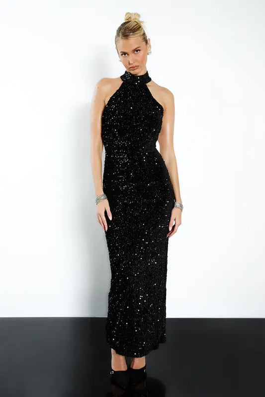boohoo Velvet Sequin Halterneck Slip Maxi Dress
