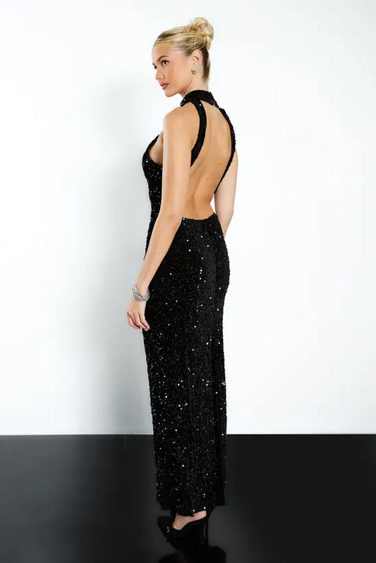 boohoo Velvet Sequin Halterneck Slip Maxi Dress