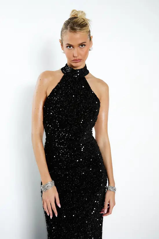 boohoo Velvet Sequin Halterneck Slip Maxi Dress