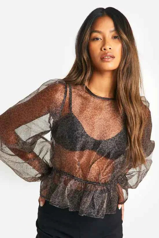 Boohoo Organza Micro Leopard Print Tie Back Puff Long Sleeve Top