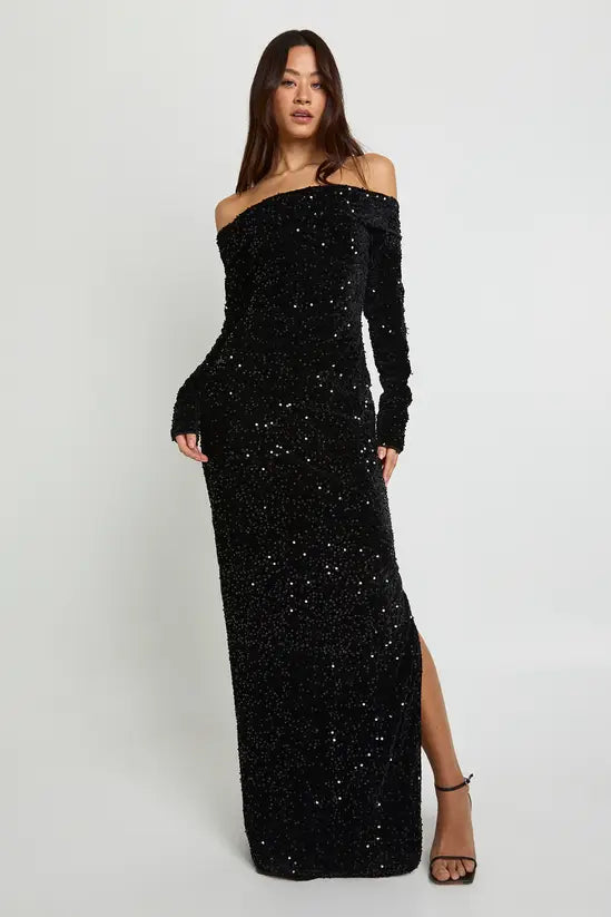 boohoo Tall Velvet Sequin Bardot Maxi Dress