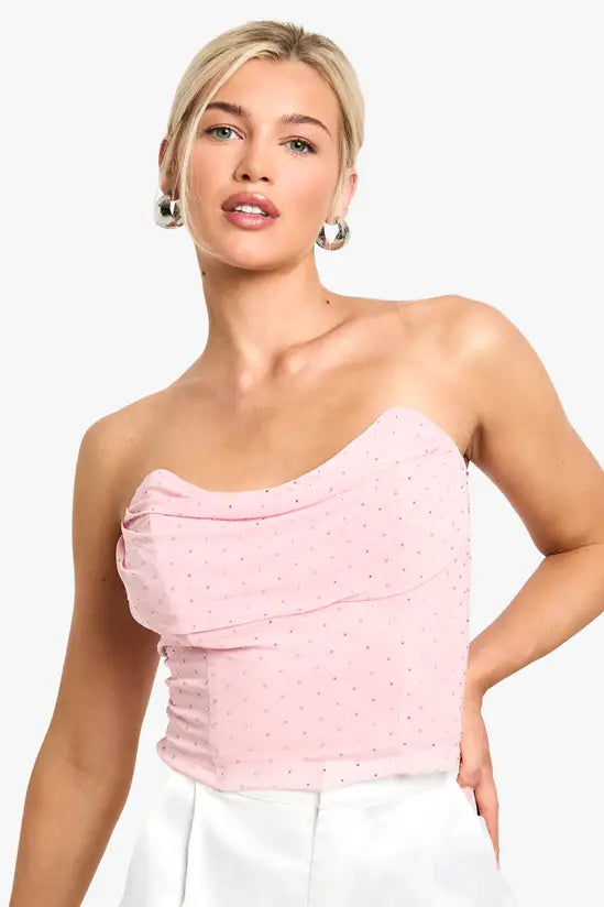 boohoo Hot Fix Diamante Mesh Corset Top