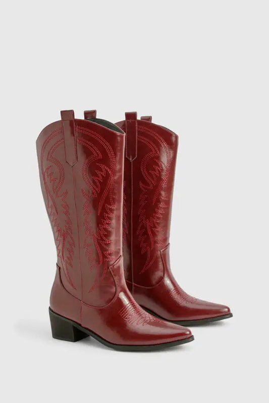 boohoo Vintage Look Calf Detail Embroidered Western Cowboy Boots