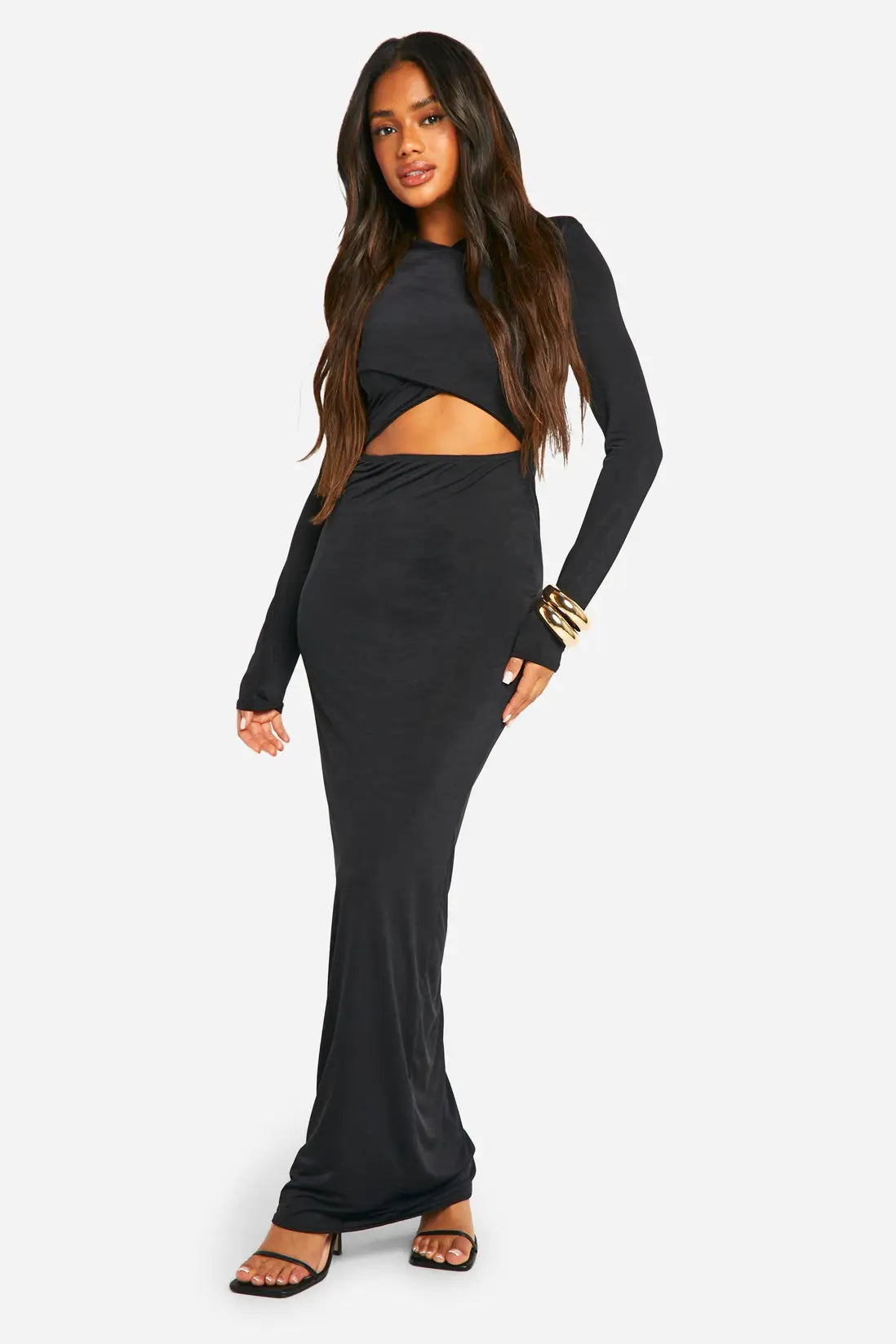 Boohoo - shoulder pad cross over cut out slinky maxi dress