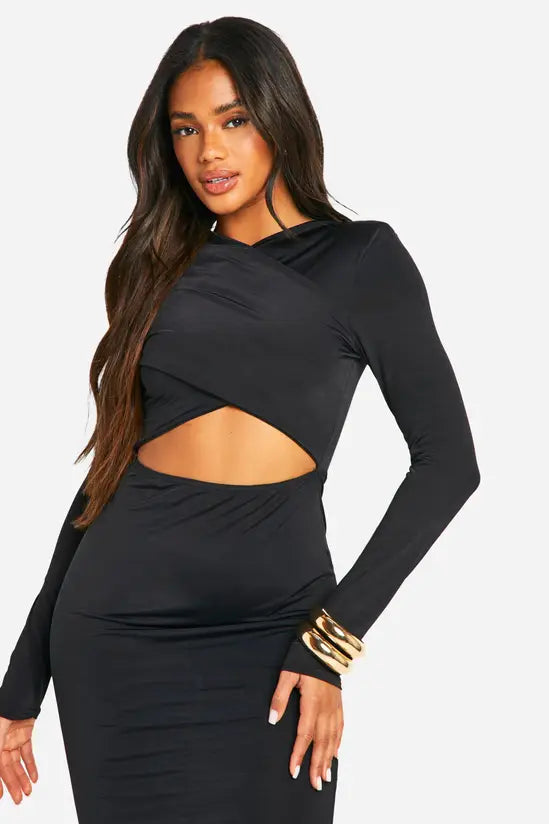 Boohoo - shoulder pad cross over cut out slinky maxi dress