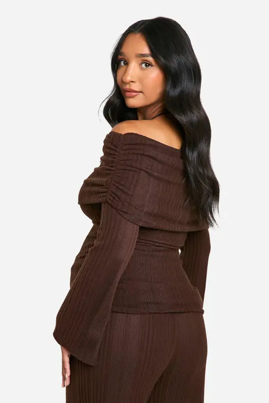 boohoo Emily Shak Maternity Soft Rib Fold Over Bardot Ruched Side Top