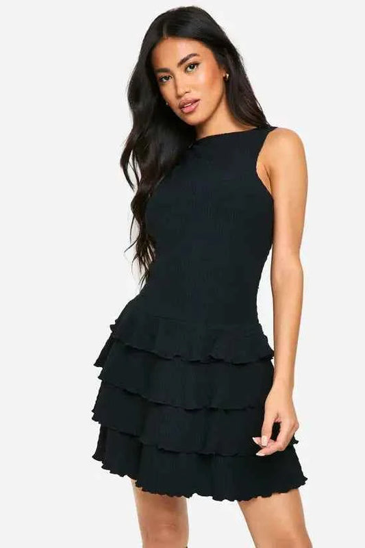 Textured Ruffle Layered Hem Racer Neck Mini Dress