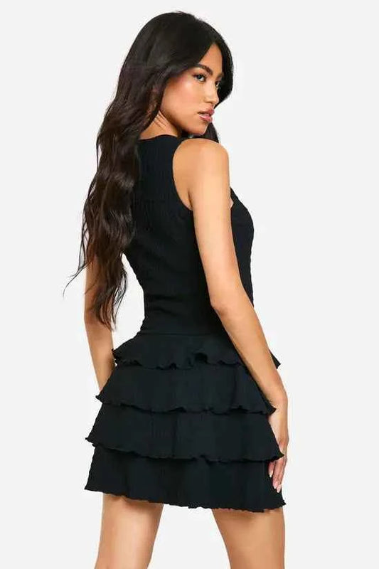 Textured Ruffle Layered Hem Racer Neck Mini Dress