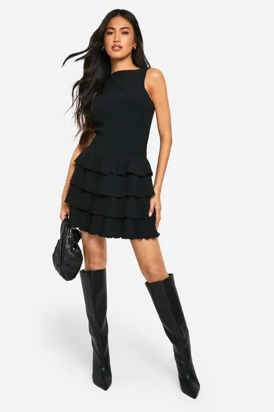 Textured Ruffle Layered Hem Racer Neck Mini Dress