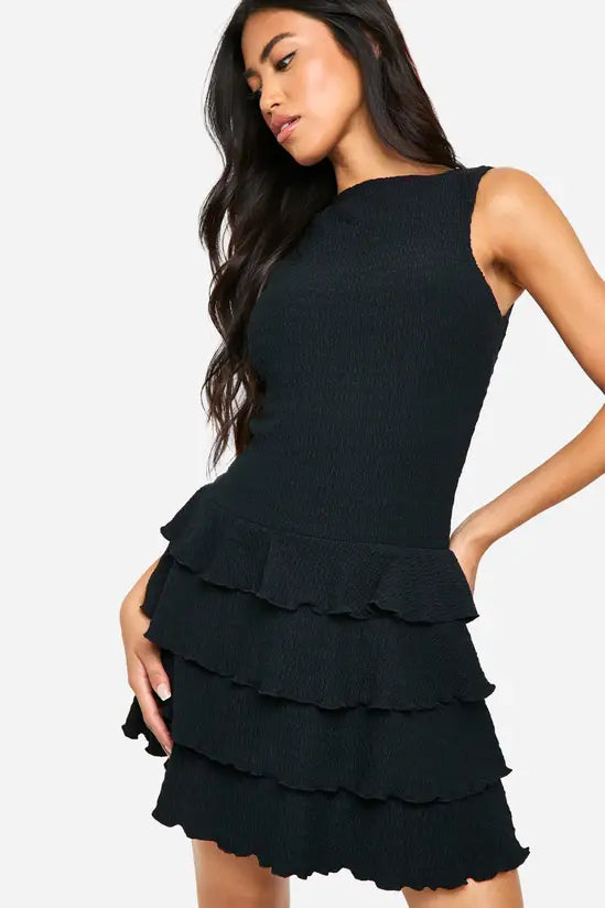 Textured Ruffle Layered Hem Racer Neck Mini Dress