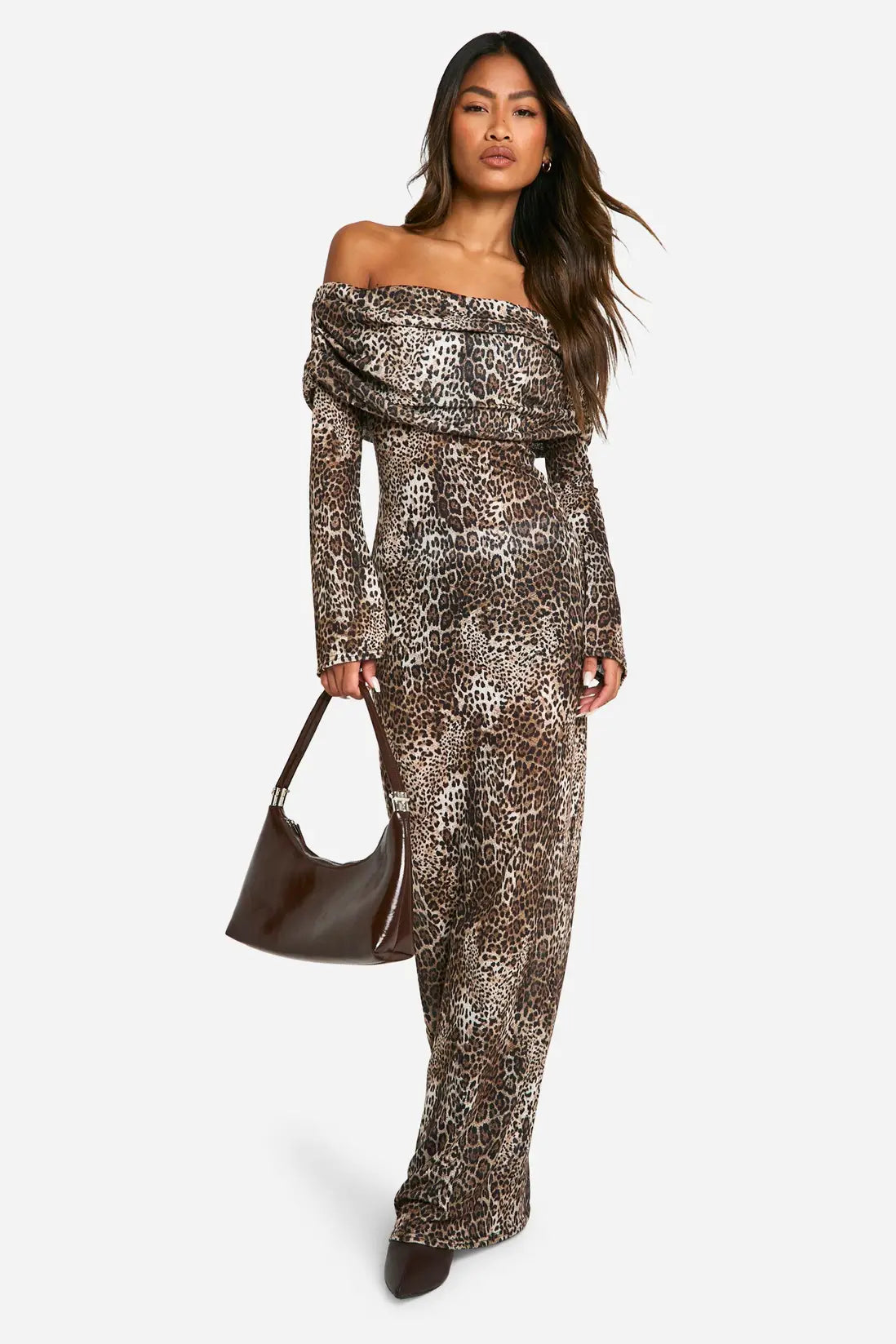boohoo Animal Rib Knit Slouchy Bardot Maxi Dress