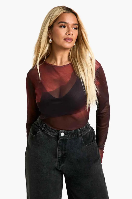 boohoo Plus Mesh Long Sleeve Top