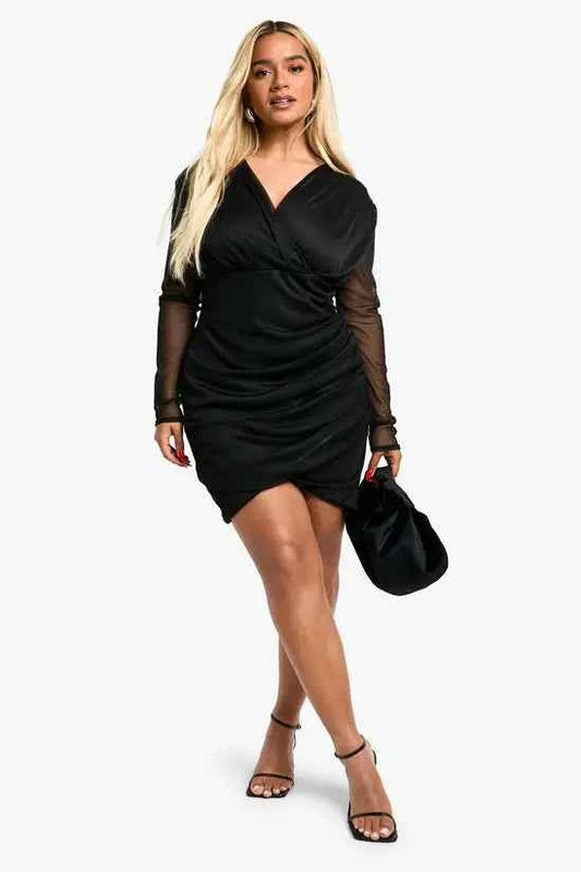Boohoo Plus Mesh Ruched Wrap Dress