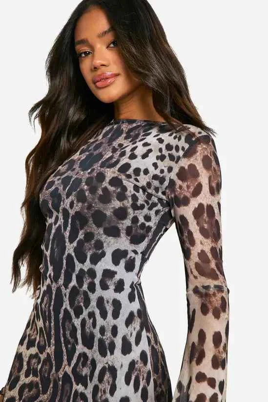boohoo Leopard Mesh Flare Sleeve Mini Dress