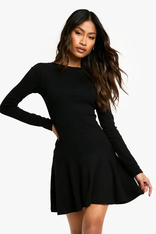 boohoo Rib Dropped Hem Skater Dress
