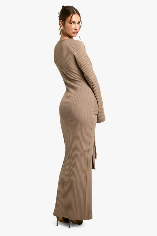 boohoo Wide Rib Ruched Tie Maxi Dress