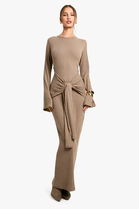 boohoo Wide Rib Ruched Tie Maxi Dress