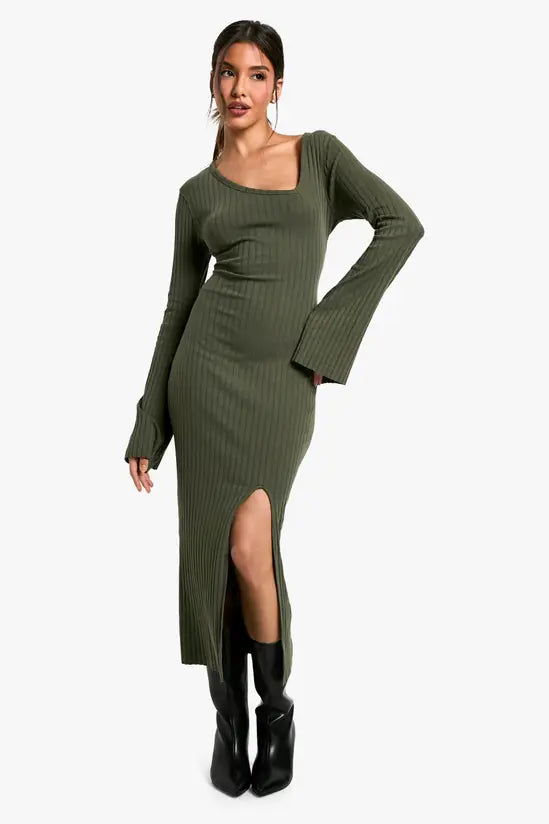 boohoo Wide Rib Asymmetric Neck Midaxi Dress