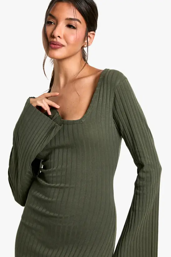 boohoo Wide Rib Asymmetric Neck Midaxi Dress