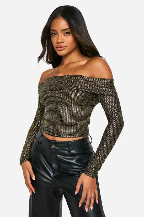 boohoo Glitter Bardot Long Sleeve Top
