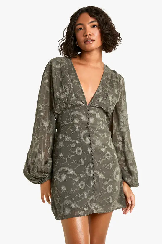Boohoo - Tall Paisley Burnout Volume Sleeve Mini Dress