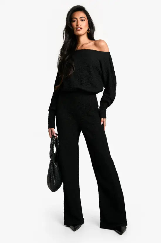 boohoo Cold Shoulder Wide Leg Textured Jumpsuit