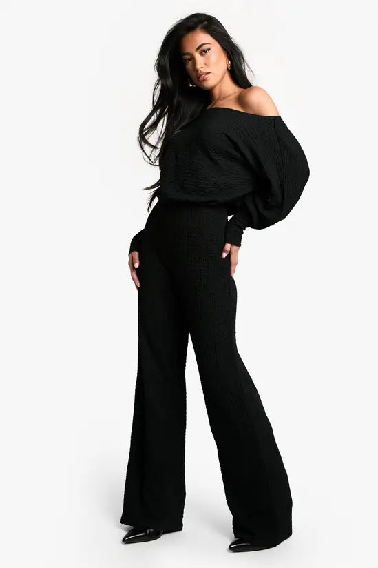 boohoo Cold Shoulder Wide Leg Textured Jumpsuit