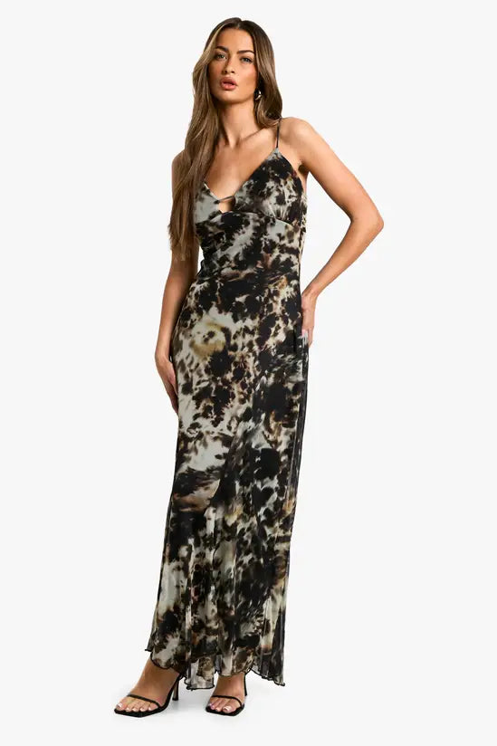 boohoo Smudge Print Strappy Mesh Maxi Dress