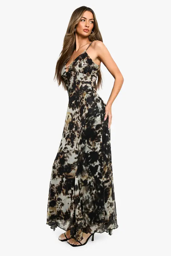 boohoo Smudge Print Strappy Mesh Maxi Dress