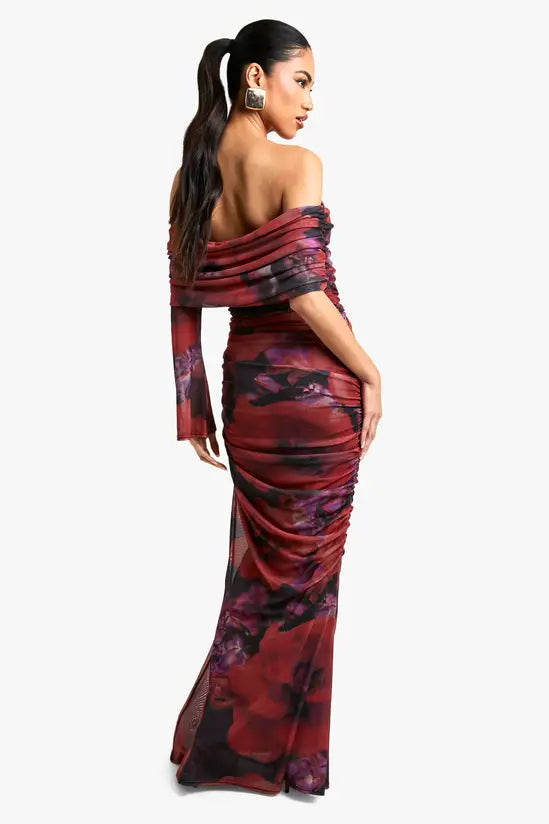 boohoo Assymetric ruched floral mesh maxi dress