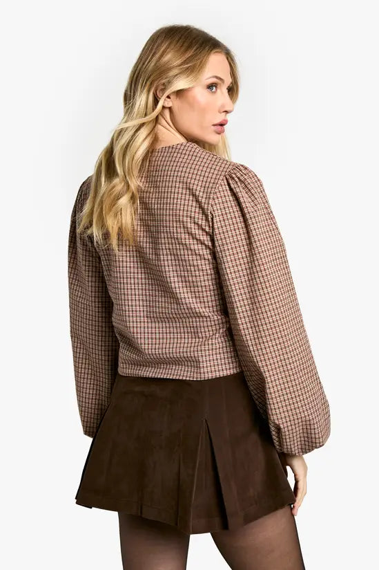 boohoo Maternity Woven Check Balloon Sleeve Tie Detail Top