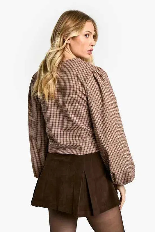 boohoo Maternity Woven Check Balloon Sleeve Tie Detail Top