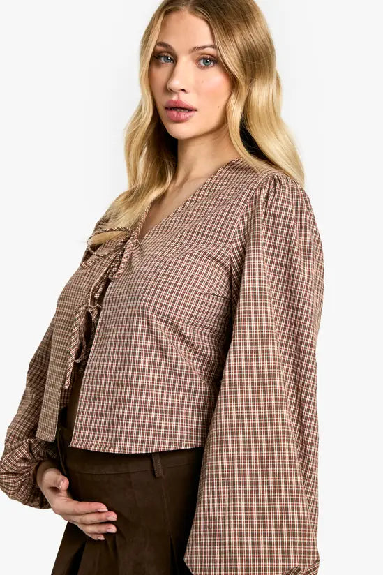 boohoo Maternity Woven Check Balloon Sleeve Tie Detail Top