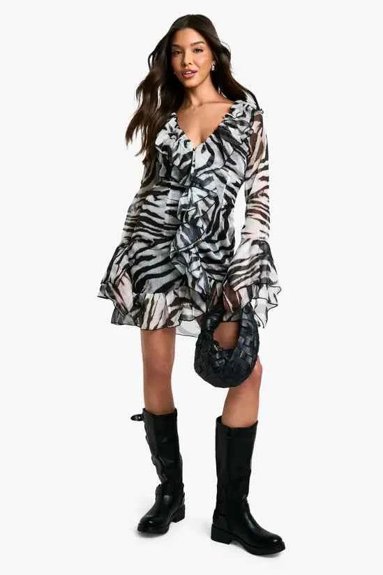 Boohoo - Extreme Ruffle Chiffon Zebra Shift Dress