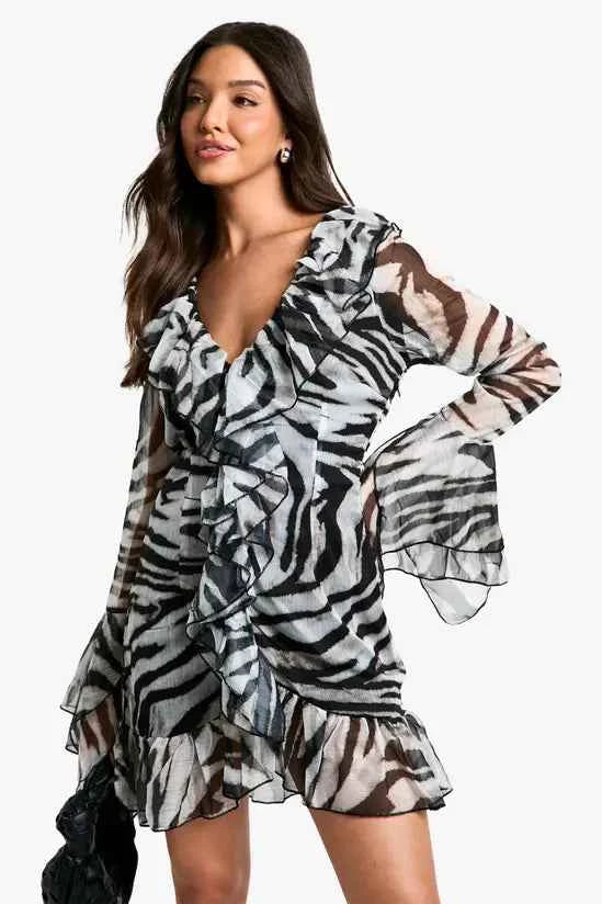 Boohoo - Extreme Ruffle Chiffon Zebra Shift Dress