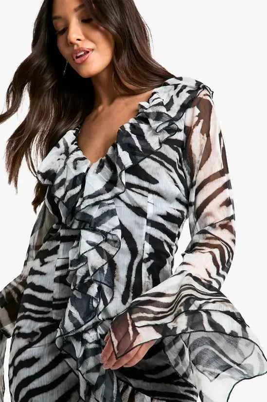Boohoo - Extreme Ruffle Chiffon Zebra Shift Dress