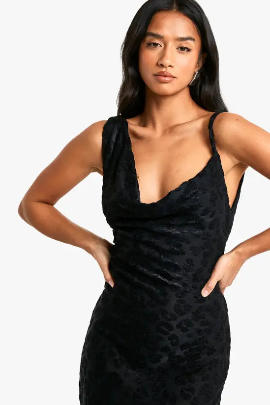 boohoo Petite Leopard Flock Cowl Slip Dress