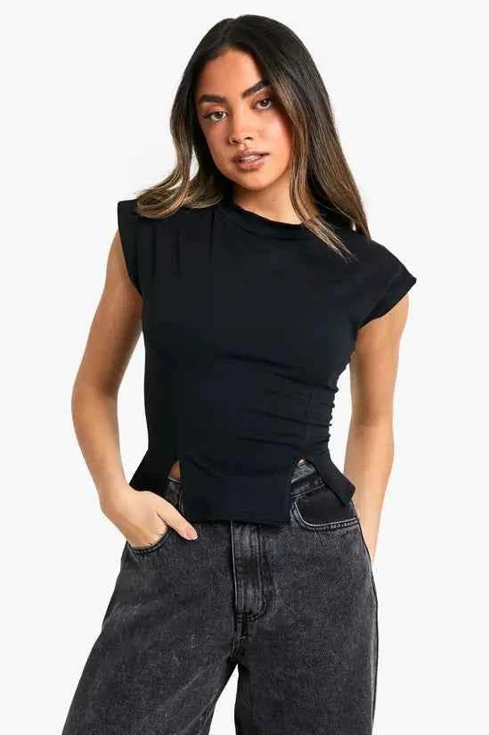 boohoo Jersey Cap Sleeve Split Hem Top