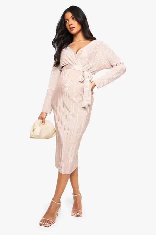 boohoo Maternity Plisse Belted Midi Dress