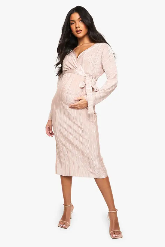 boohoo Maternity Plisse Belted Midi Dress