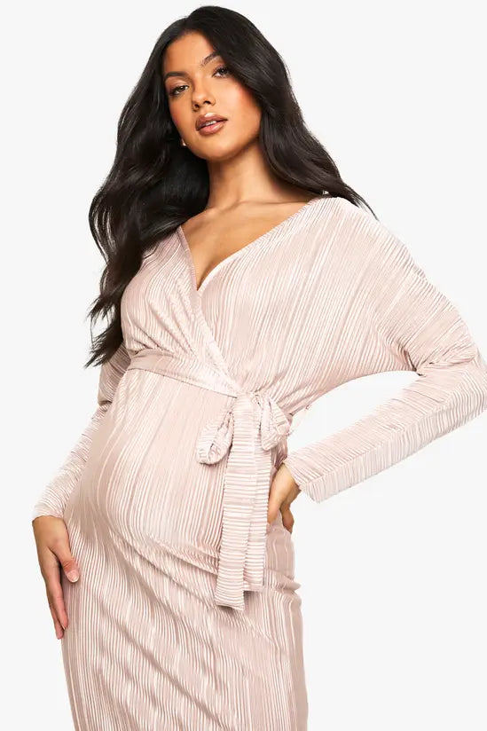 boohoo Maternity Plisse Belted Midi Dress