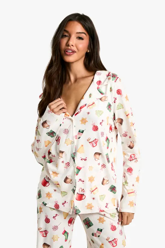 boohoo Christmas Mixed Print Long Sleeve Shirt
