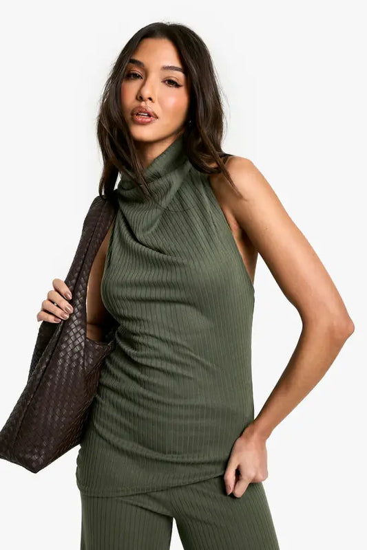 boohoo Brushed Rib Cowl Neck Top Co Ord