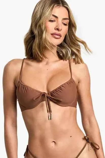 Boohoo Feather Charm Trim Tie Front Underwired Bikini Top