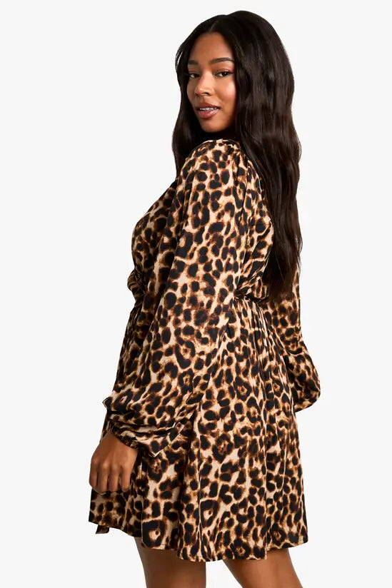 boohoo Plus Leopard Wrap Smock Dress