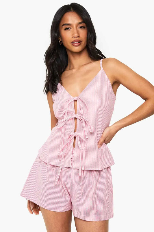 Boohoo Petite Pinstripe Halter Neck Tie Short Co Ord SET