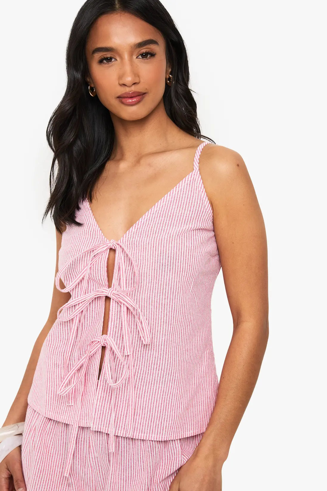 Boohoo Petite Pinstripe Halter Neck Tie Short Co Ord SET