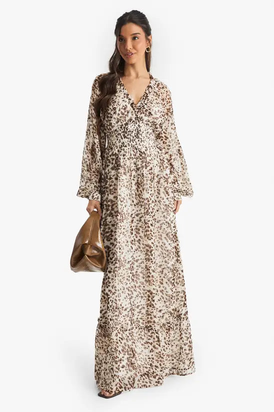 boohoo Leopard Printed Dobby Long Sleeve Maxi Dress