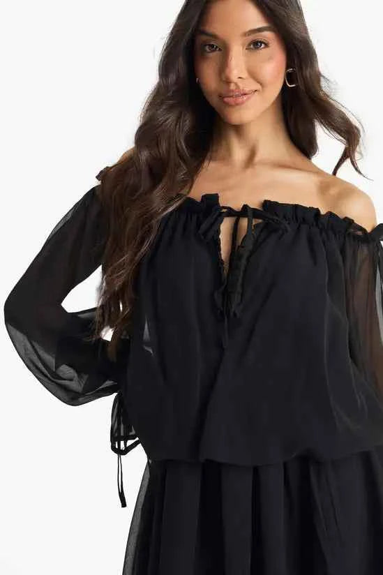Boohoo - Chiffon Bardot Dropped Waist Mini Dress