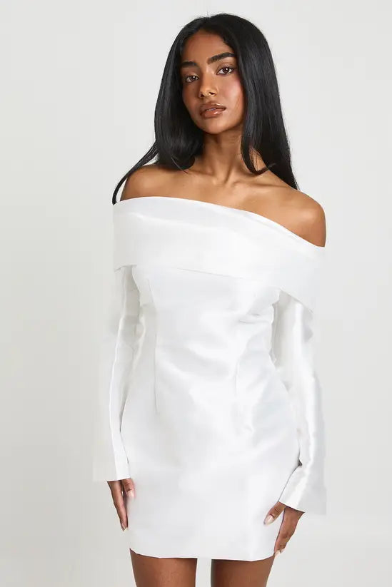 boohoo Satin Structured Bardot Mini Dress